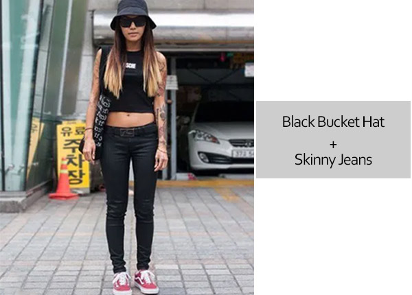 Black Bucket Hat with Skinny Jeans