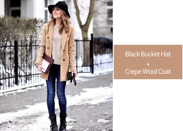 Black Bucket Hat with Crepe Wool Coat