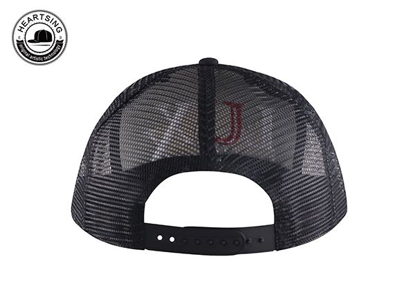 Back of Custom Black Mesh Snapback Hat with Red Underbill