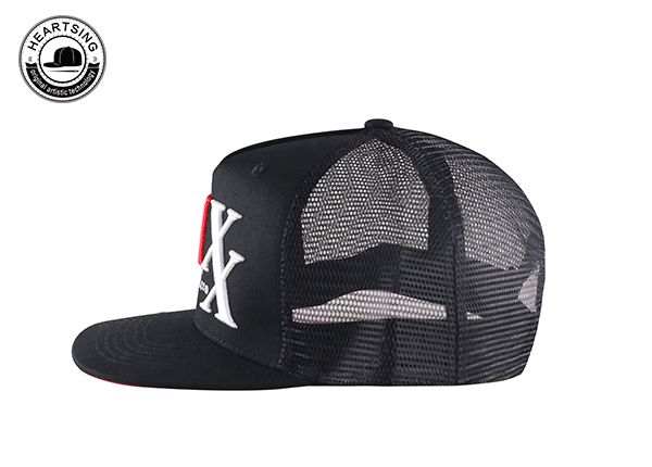 Side of Custom Black Mesh Snapback Hat with Red Underbill