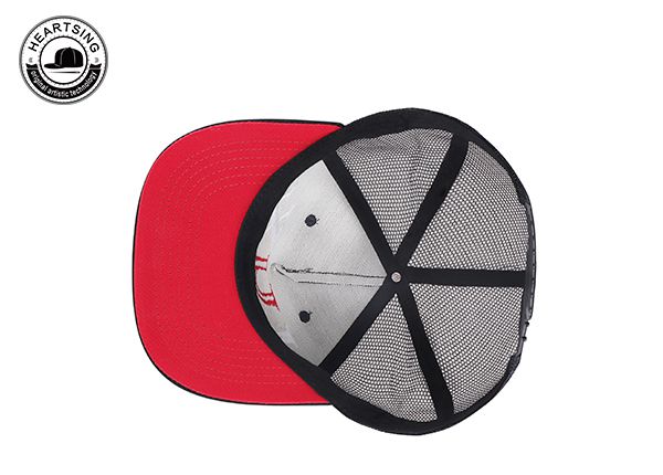 Inside of Custom Black Mesh Snapback Hat with Red Underbill