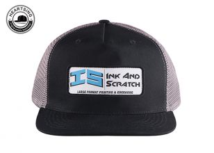Custom Patch Trucker Hat 5 Panels Grey and Black Mesh Cap Flat Stiff Bill
