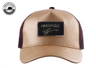 Cool Snapback Trucker Hats Custom Khaki Leather Mesh Hat With A Metal Patch