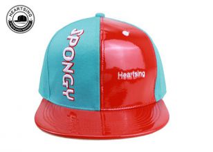 Leather Brim Snapback Hat With Embroidery Logo Red & Green Two Tone