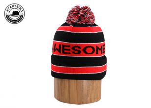 custom beanie hat custom fashion winter red black stripe knitted beanie with ball-b002