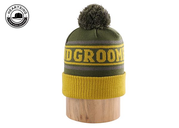 custom beanie hat custom fashion winter yellow green stripe knitted beanie-b006