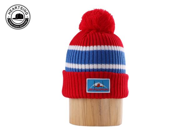 Custom Red Stripe Winter Knit Pom Beanie Hat-b010