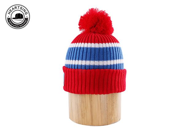 Custom Red Stripe Winter Knit Pom Beanie Hat-b010