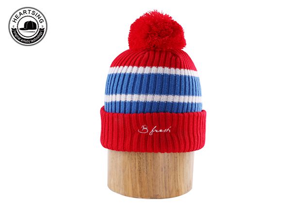 Custom Red Stripe Winter Knit Pom Beanie Hat-b010