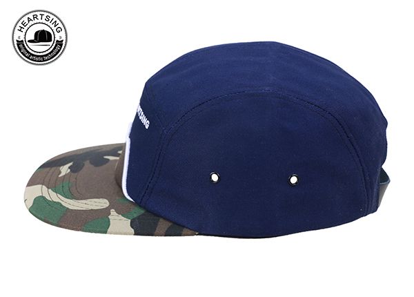 Side of Navy Camo Unstructured 5 Panel Hat With Leather Strapback