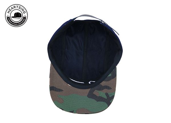 Inside of Navy Camo Unstructured 5 Panel Hat With Leather Strapback