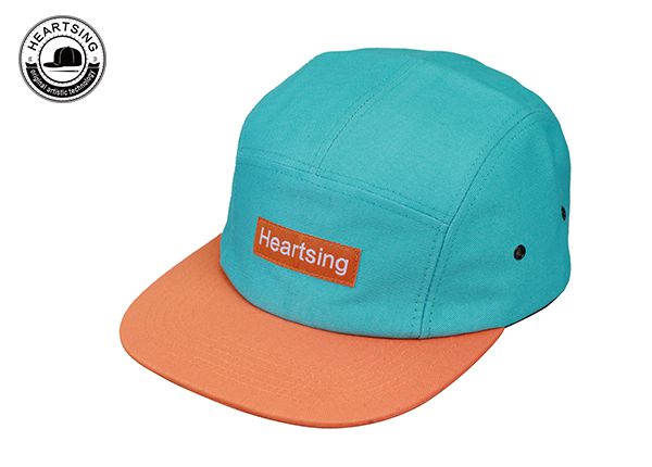 Slant of Green and Orange 5 Panel Leather Strap Hat With a Leather Patch
