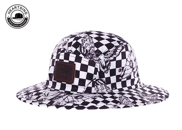 Slant of Custom Leather Patch Black and White Bucket Hat