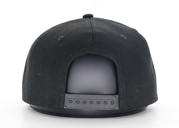 Back of Black Snapback Flat Bill Hat With 3D Embroidery Logo