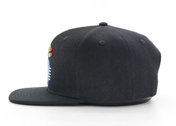 Side of Black Snapback Flat Bill Hat With 3D Embroidery Logo