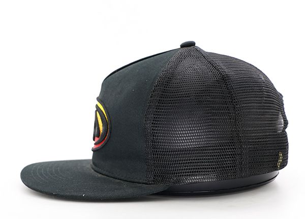 Side of Custom Black Vintage Snapback Mesh Trucker Hat With Woven Patch