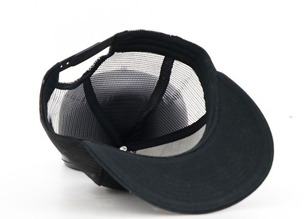 Inside of Custom Black Vintage Snapback Mesh Trucker Hat With Woven Patch