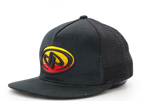 Slant of Custom Black Vintage Snapback Mesh Trucker Hat With Woven Patch