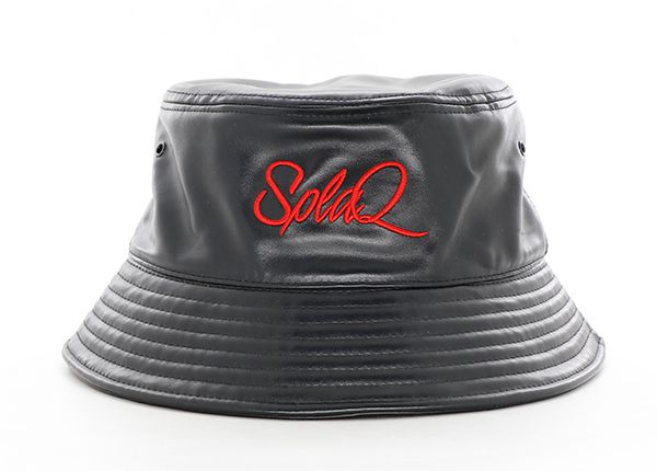 Front of Custom Black Leather Bucket Hat