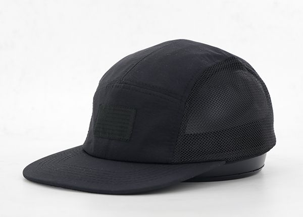 Slant of Custom Black 5 Panel Camper Hat