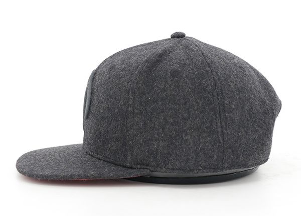 Side of Custom Dark Grey Wool Snapback With Red Underbill