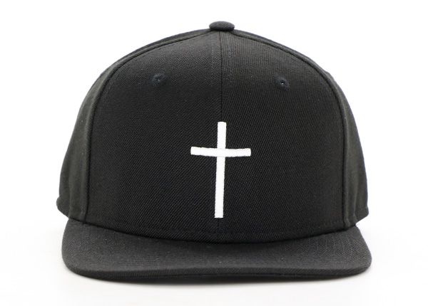 Front of Custom Mens Black Embroidery Cotton Snapback Hat with a White Cross logo
