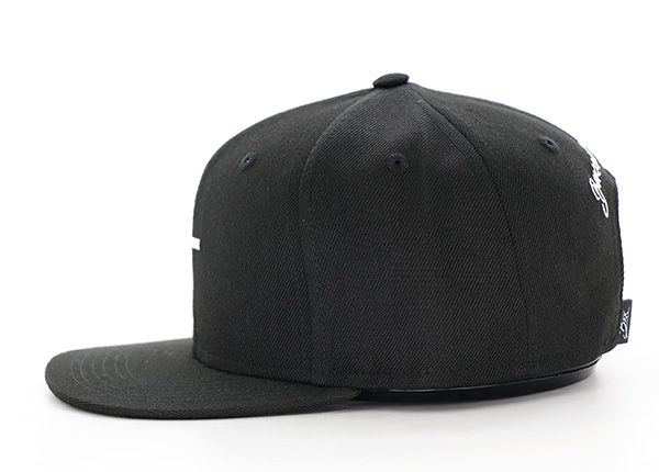 Side of Custom Mens Black Embroidery Cotton Snapback Hat with a White Cross logo