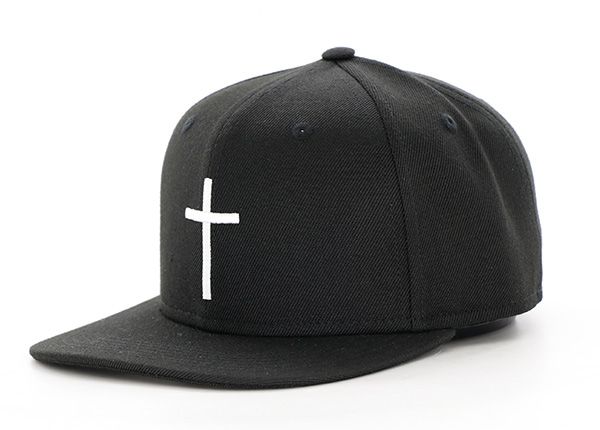 Slant of Custom Mens Black Embroidery Cotton Snapback Hat with a White Cross logo