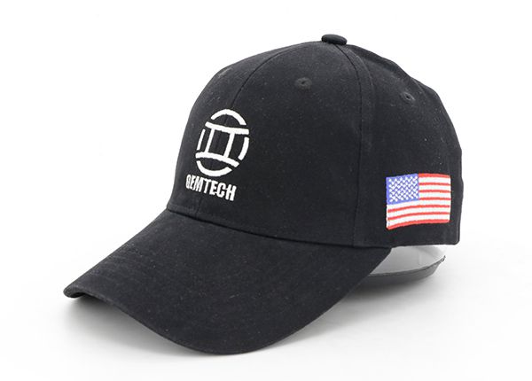 Slant of Custom Fitted Black Baseball Cap With American Flag