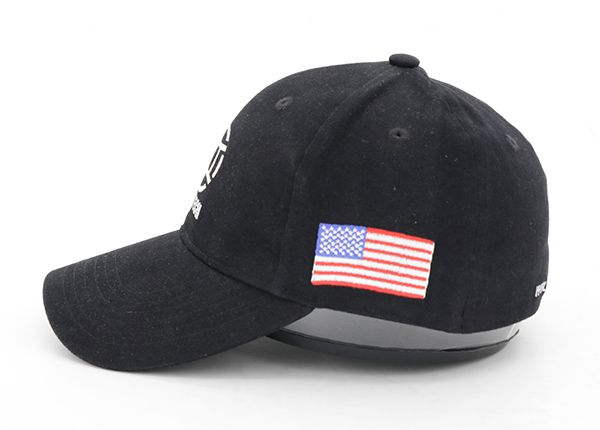 Side of Custom Fitted Black Baseball Cap With American Flag