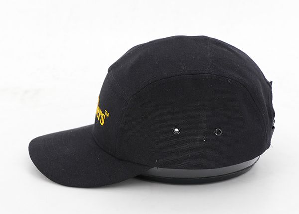 Side of Custom Black 5 Panel Hat Embroidery Logo