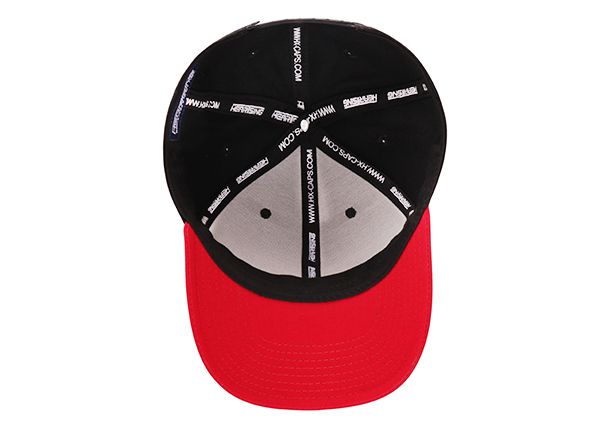 Inside of Black Bent Brim Snapback Hat With Red Raised Embroidery Logo