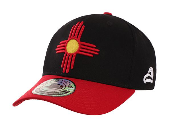 Slant of Black Bent Brim Snapback Hat With Red Raised Embroidery Logo