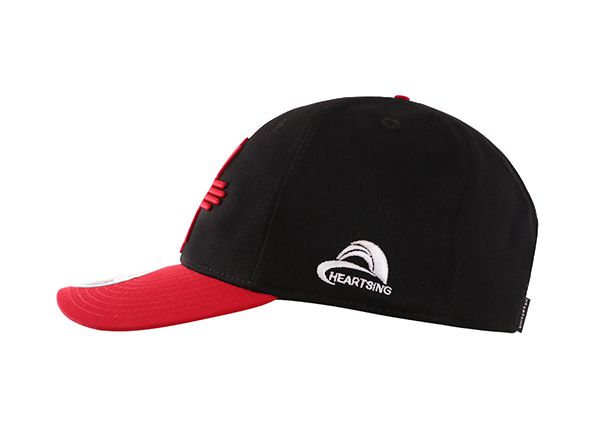 Side of Black Bent Brim Snapback Hat With Red Raised Embroidery Logo