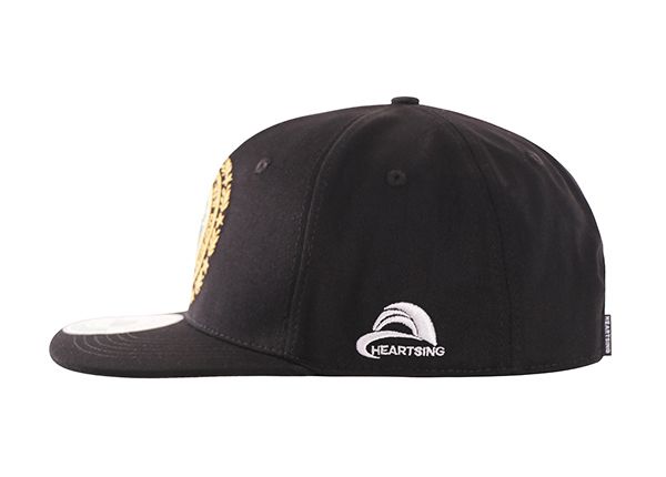 Side of Black Flat Bill Snapback With a Embroidered Patch