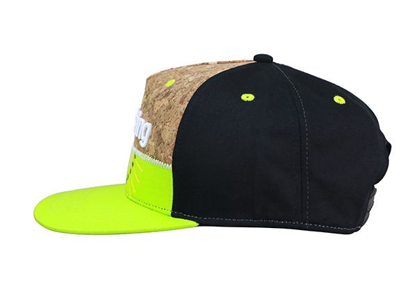 Side of 5 Panel Embroidered Neon Green Snapback Hat with Cotton & Cork Fabric