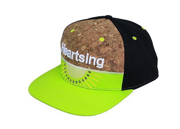Slant of 5 Panel Embroidered Neon Green Snapback Hat with Cotton & Cork Fabric