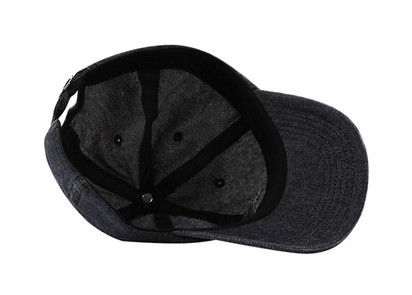 Inside of Vintage Low Profile Black Plain Denim Baseball Cap With Denim Adjustable Strap