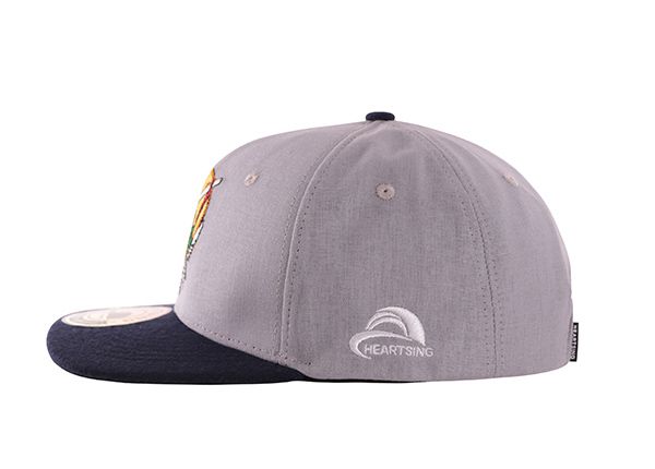 Side of Custom 6 Panel Mens Light Grey Vintage Snapback Hat with Navy Bill