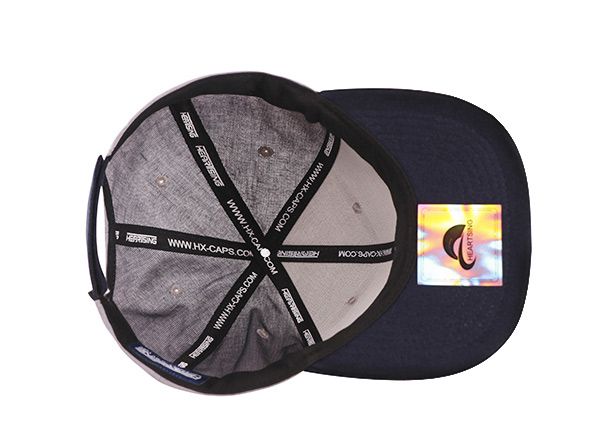 Inside of Custom 6 Panel Mens Light Grey Vintage Snapback Hat with Navy Bill