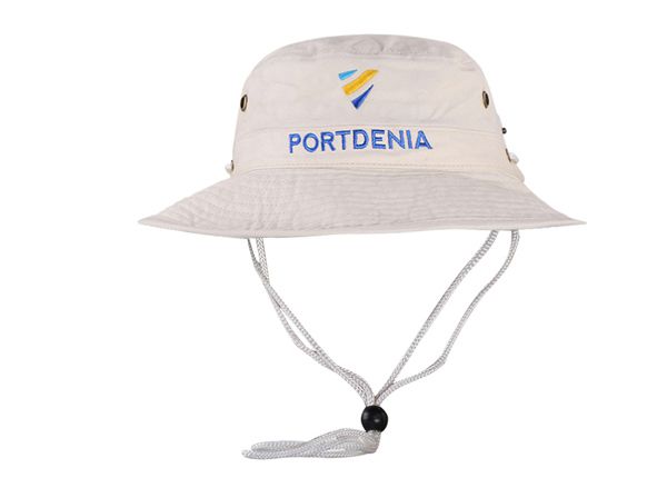 Front of 100 Cotton Wide Brim White Bucket Hat With String