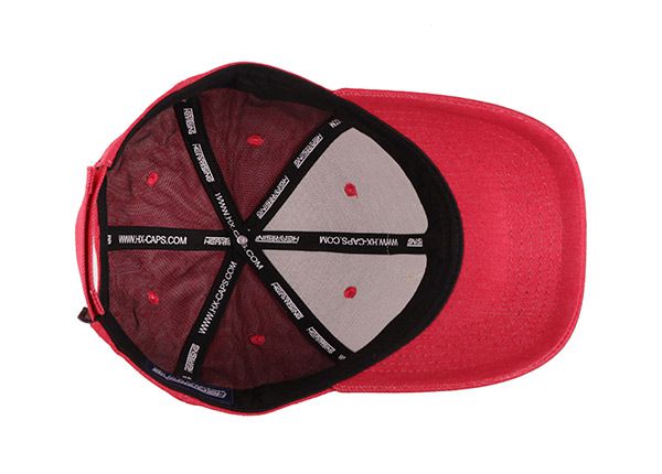 Inside of Custom Red Cotton 6 Panel Baseball CaSlant of Custom Red Cotton 6 Panel Baseball Cap with Velcro Adjustable Closurep with Velcro Adjustable Closure