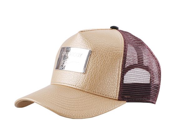Slant of Custom Khaki Leather Mesh Hat With A Metal Patch