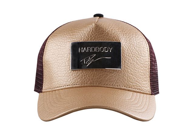 Front of Custom Khaki Leather Mesh Hat With A Metal Patch