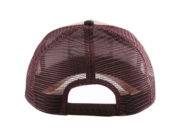 Back of Custom Khaki Leather Mesh Hat With A Metal Patch