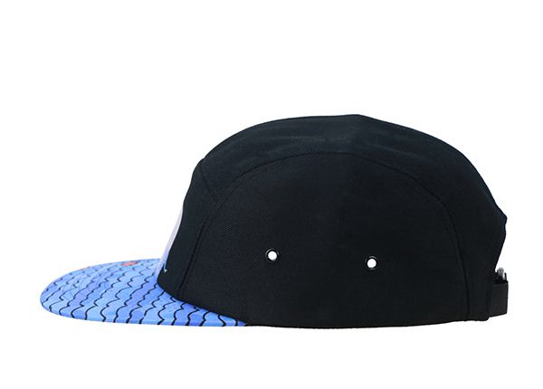 Side of Black 5 Panel Hat with Fishing Pattern