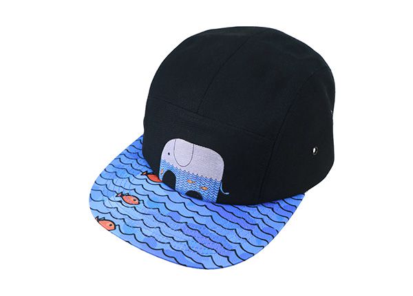 Slant of Black 5 Panel Hat with Fishing Pattern