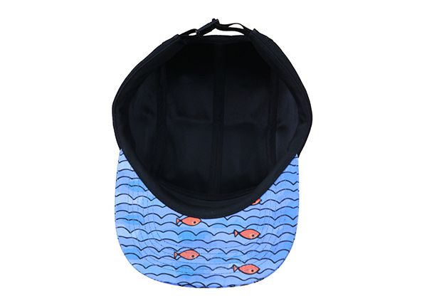 Inside of Black 5 Panel Hat with Fishing Pattern