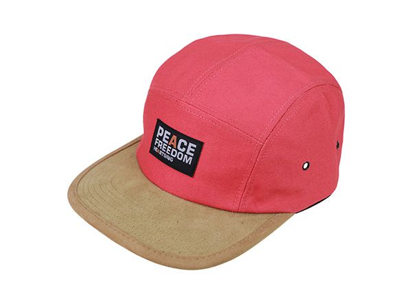Slant of Red 5 Panel Hat With Khaki Suede Brim
