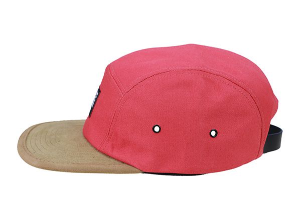 Side of Red 5 Panel Hat With Khaki Suede Brim